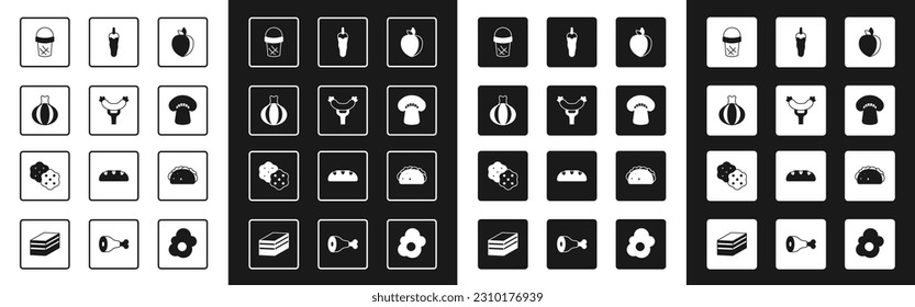 Set Plum fruit, Sausage on the fork, Onion, Ice cream in waffle, Mushroom, Hot chili pepper, Taco with tortilla and Cracker biscuit icon. Vector