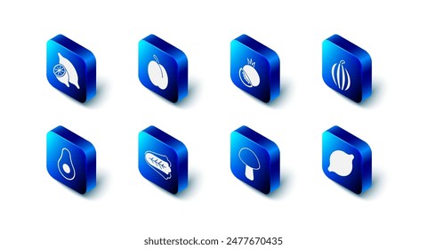 Set Plum fruit, Tomato, Watermelon, Lemon, Mushroom, Cabbage, Avocado and  icon. Vector