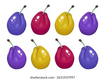 Set of plum isolated. Red, yellow, blue and purple plums close up. Colorful Fresh tasty eco product. Fruits icon. Sweet healthy vitamin. Vector illustration for packaging, print, organic food, clipart