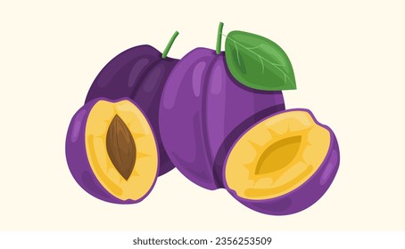 Set of plum with slices. Natural and organic products, healthy whole and sliced fruits. Dessert and delicacy with vitamins. Cartoon flat vector collection isolated on beige background