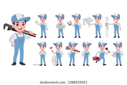Conjunto de plomero con diferentes poses