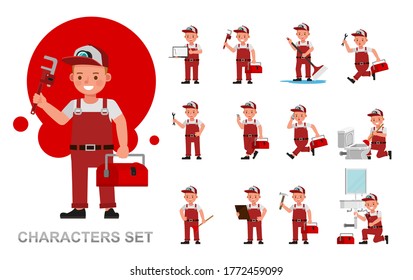 Set of Plumber kid boy character vector design. Presentation in various action with emotions, running, standing and walking. 