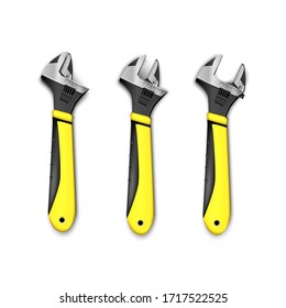 set of plumber master instrument adjustable wrench with yellow handles. Isolated on white background.