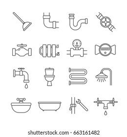 Set of plumber Related Vector Line Icons. Includes such Icons as plumbing, pipes, tub, sink, toilet, siphon, water meter, plumber