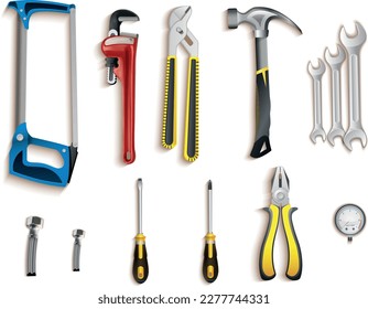 Set of plumber repair service, parts, elements and tools isolated on white background - Shutterstock ID 2277744331