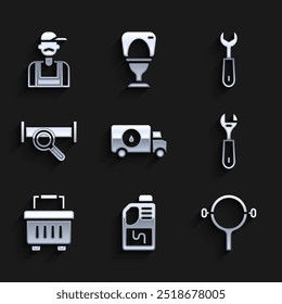 Set Plumber service car, Drain cleaner bottle, Filter wrench, Wrench spanner, Toolbox, Industry metallic pipe,  and  icon. Vector