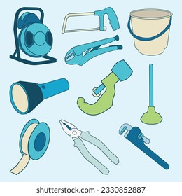 Set of Plumber Tools Simple Flat Line Illustration