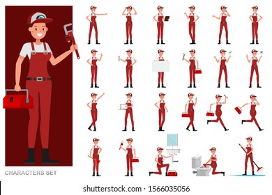 Set of Plumber woman people working character vector design. Presentation in various action with emotions, running, standing and walking.