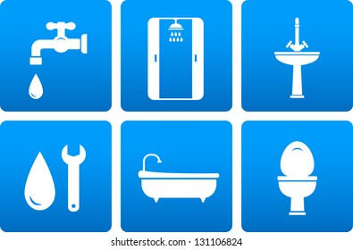 set of plumbing engineering icons with blue buttons