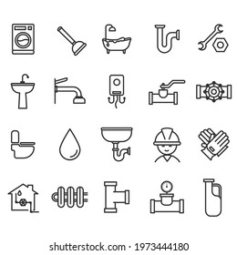 Set of plumbing equipment icon. Plumbing systems bathroom sanitary ware. Toilet thin outline vector 640x640 pixels.