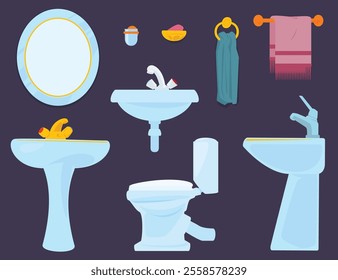 Set plumbing fixtures and accessories for bathrooms. Illustration concept template for website, web landing page, banner, presentation, social, poster, promotion or print media.