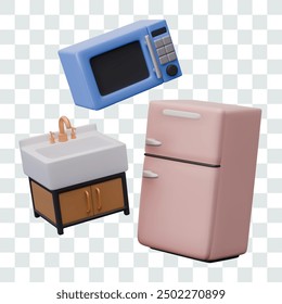 Conjunto de fontanería y electrodomésticos. Refrigerador realista, fregadero, microondas