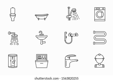 Set of plumbing icons. Plumber, faucet, filter, piping, septic, bathtub, valve, water meter,tap, sewer, washbasin, restroom,shower stall,sink,bath,washing machine, dishwasher, bidet,water supply.