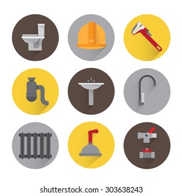 Set plumbing icons. Tools, equipment and plumbing elements flat. adjustable wrench, valve, fittings, shower, toilet, faucet. Background white.