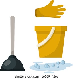 Set of plumbing items. Cleaning the toilet and bathroom. Yellow bucket, glove, puddle of water with bubbles, plunger. Technical work. Flat illustration