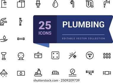 Set of plumbing outline icons related to energy, gas, water. Pixel perfect, minimalistic web and UI icon. Outline icon collections. Editable vector illustration.