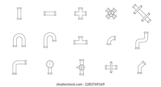 Set of plumbing pipe hardward line icon. Construction connection technical pressure plumbing systems. Silhouette outline vector 512x512 pixels.