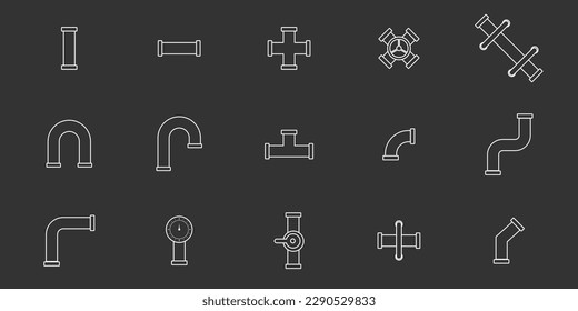 Set of plumbing pipe hardward line icon. Construction connection technical pressure plumbing systems. Silhouette outline vector 512x512 pixels.