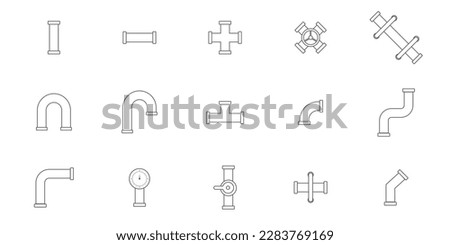Set of plumbing pipe hardward line icon. Construction connection technical pressure plumbing systems. Silhouette outline vector 512x512 pixels.