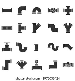 Set of plumbing pipe hardware icon. Construction connection technical pressure plumbing systems. Silhouette outline vector 640x640 pixels.