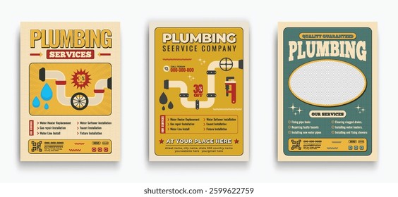 Set of Plumbing Service flyer design. Multipurpose template with poster or flyer, Plumber and mechanic Services Flyer. Plumbing vector illustration flyer, Vertical editable a4 format