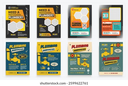 Set of Plumbing Service flyer design. Multipurpose template with poster or flyer, Plumber and mechanic Services Flyer. Plumbing vector illustration flyer, Vertical editable a4 format