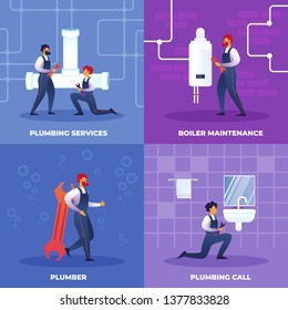 Set Plumbing Services Call, Boiler Maintenance. Application to Call Plumber Repair Master. Service to Solve Household Problems. Men with Adjustable Spanner and Wrench. Vector Illustration.
