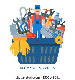 Set of plumbing services vector illustration. Professional plumber man with tool case and plunger among plumbing things for repair and tools is in a large basket.