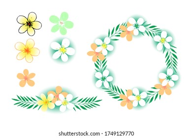Set of Plumeria flower blossoms and leaves. Tropical plants frame design. Hand drawn vector illustration