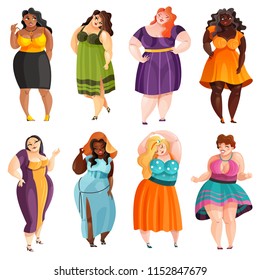 Set of plump pretty women in different elegant dresses isolated vector illustration 