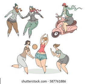 Set of plump women, funny and charming, in different situations. Vector, illustration.