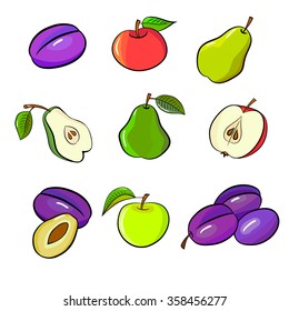 set of plums, apples and pears. Design elements isolated on white background.