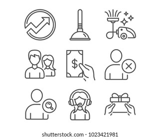 Set of Plunger, Delete user and Vacuum cleaner icons. Receive money, Audit and Support signs. Find user, Teamwork and Give present symbols. Clogged pipes cleaner. Remove profile. Vacuum-clean. Vector