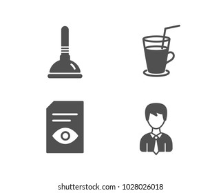 Set of Plunger, View document and Cocktail icons. Businessman sign. Clogged pipes cleaner, Open file, Fresh beverage. User data.  Quality design elements. Classic style. Vector