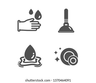 Set of Plunger, Water splash and Rubber gloves icons. Clean dishes sign. Clogged pipes cleaner, Aqua drop, Hygiene equipment. Dishwasher concept.  Classic design plunger icon. Flat design. Vector