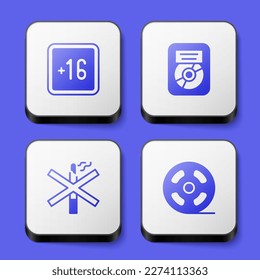 Set Plus 16 movie, CD disk award in frame, No smoking and Film reel icon. White square button. Vector
