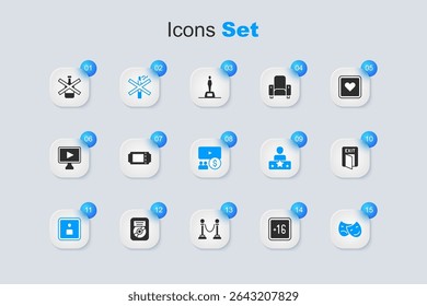 Set Plus 16 movie, Cinema ticket, No smoking, Play Video, Comedy and tragedy masks, Fire exit, alcohol and auditorium with screen icon. Vector