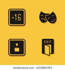 Set Plus 16 movie, Fire exit, Play Video and Comedy and tragedy masks icon with long shadow. Vector