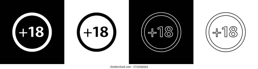 Set Plus 18 movie icon isolated on black and white background. Adult content. Under 18 years sign.  Vector Illustration