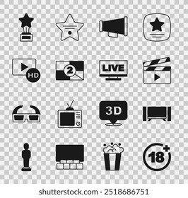 Set Plus 18 movie, Smart Tv, Movie clapper, Megaphone, Old film countdown frame, Hd tape,, trophy and Live stream icon. Vector