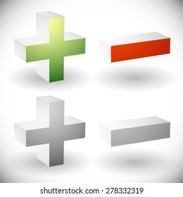 Set of plus minus, add remove signs, symbols or icons. Vector graphics.