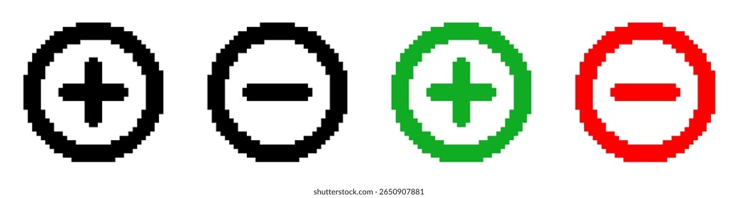 Conjunto de modelos de Botão de Sinal de Mais e Menos no estilo pixel art. Adicionar controles de subtração. Elementos de interface, ícones de zoom, rótulos. Isolado sobre fundo branco