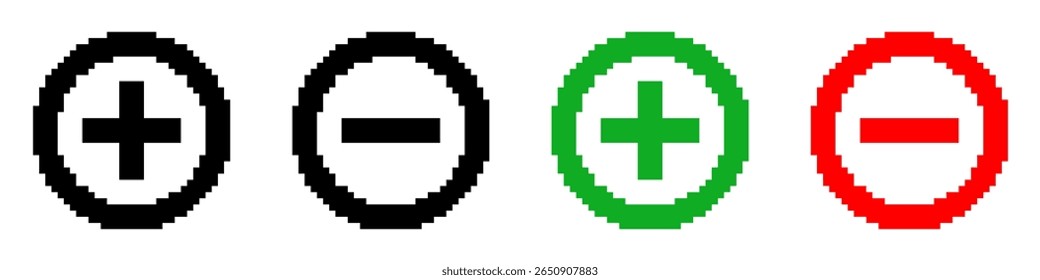 Conjunto de modelos de Botão de Sinal de Mais e Menos no estilo pixel art. Adicionar controles de subtração. Elementos de interface, ícones de zoom, rótulos. Isolado sobre fundo branco