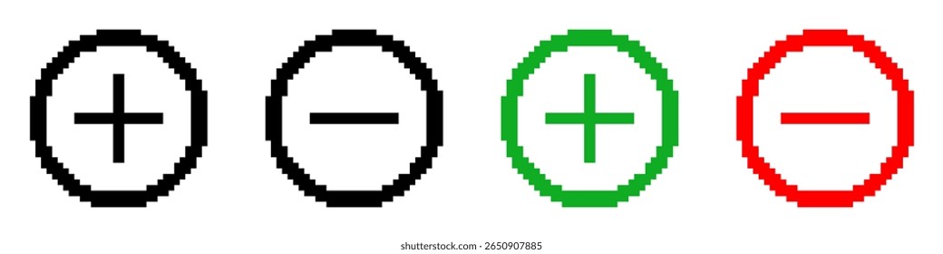Conjunto de modelos de Botão de Sinal de Mais e Menos no estilo pixel art. Adicionar controles de subtração. Elementos de interface, ícones de zoom, rótulos. Isolado sobre fundo branco