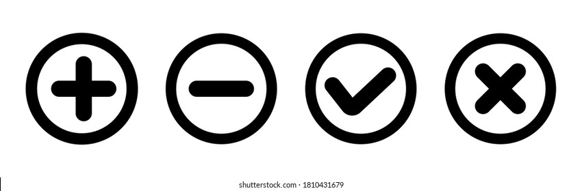 Set of plus, minus, check and cross line icons