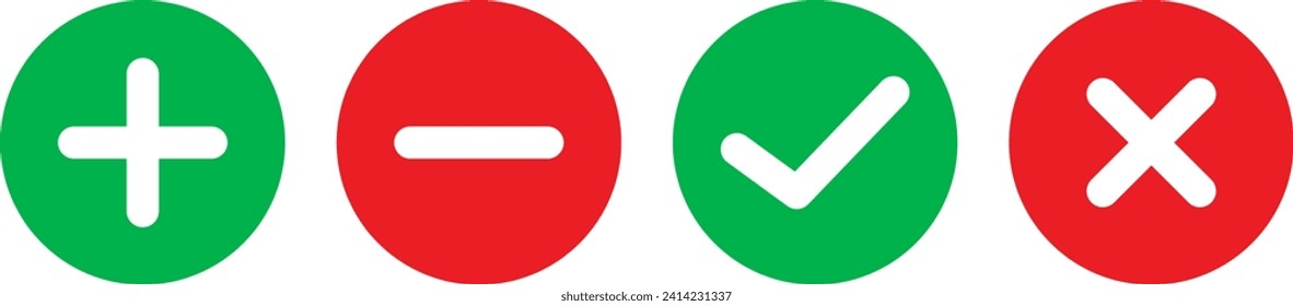 Conjunto de iconos más, menos, de verificación y de línea cruzada con color rojo y verde