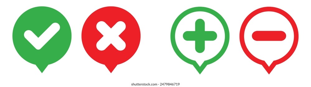 Set of plus minus, check mark, x mark with speech bubble or comic ballon icon. Vector illustration.