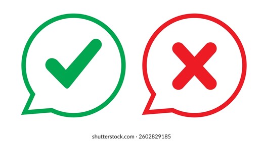 Set of plus minus, check mark, x mark with speech bubble or comic ballon icon. Vector illustration.