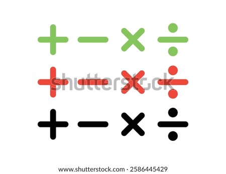 set of plus, minus, multiply, divide, equal sign icons vector design eps 10