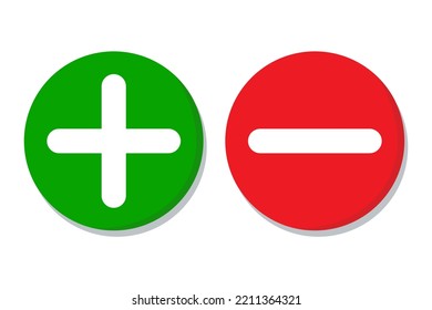 Set of plus and Minus sign icons, buttons. Flat round positive and negative symbol stickers.